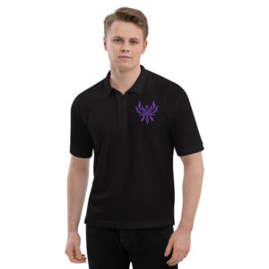Men’s Fire Emblem polo featuring purple embroidered Crest of Flames emblem