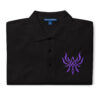 Detailed embroidery on black Fire Emblem polo showing Crest of Flames design