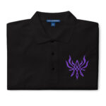 Detailed embroidery on black Fire Emblem polo showing Crest of Flames design