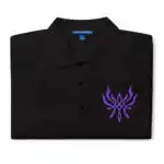 Detailed embroidery on black Fire Emblem polo showing Crest of Flames design
