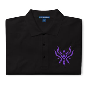 Detailed embroidery on black Fire Emblem polo showing Crest of Flames design