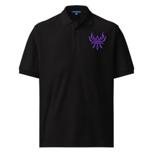 Black Fire Emblem polo shirt with embroidered Crest of Flames front view