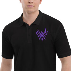 Fire Emblem polo with embroidered Crest of Flames design on black men’s shirt