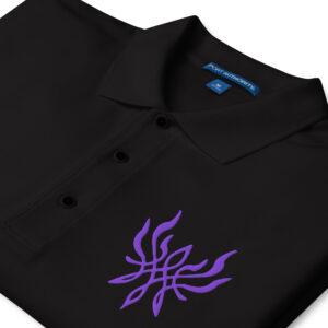 Close-up of Fire Emblem polo collar with embroidered Crest of Flames logo