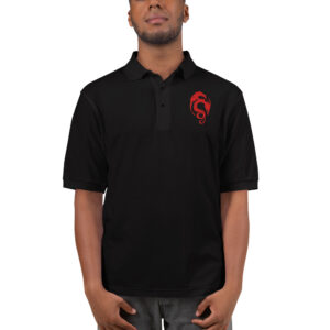Men's black Fire Emblem polo featuring red Loptous Tome embroidery