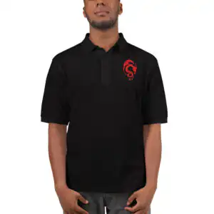 FEH Summon Simulator Men's black Fire Emblem polo featuring red Loptous Tome embroidery