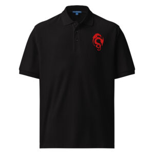 Black embroidered Fire Emblem polo with Loptous Tome design on the chest