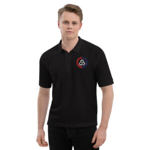 Men's black Fire Emblem polo featuring the Blaze Meter embroidery from Fortune's Weave