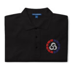 Folded black Fire Emblem polo with embroidered Blaze Meter design