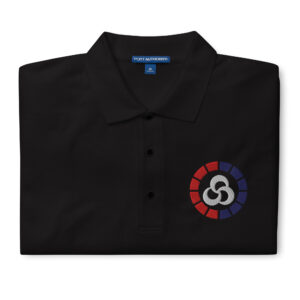 Folded black Fire Emblem polo with embroidered Blaze Meter design