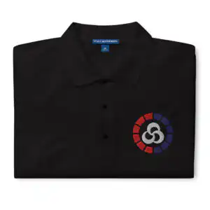 Folded black Fire Emblem polo with embroidered Blaze Meter design