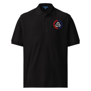 Black embroidered Fire Emblem polo with Blaze Meter design on the chest