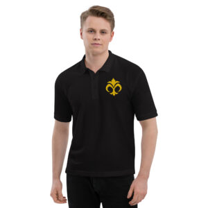 Men's black Fire Emblem polo featuring the gold Emblem of Mila embroidery