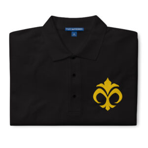 Folded black Fire Emblem polo with gold Emblem of Mila embroidered on the chest