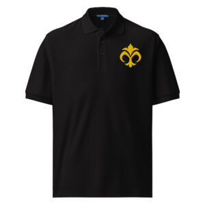 Black embroidered Fire Emblem polo with gold Emblem of Mila design