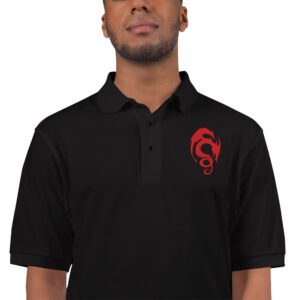 Black Fire Emblem polo with red Loptous Tome symbol embroidered on the chest