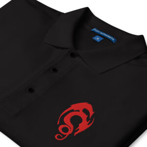 Close-up of black polo collar with Loptous Tome embroidery