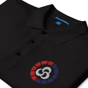 Close-up of black polo collar with Blaze Meter embroidery