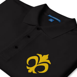Close-up of black polo collar and Emblem of Mila embroidery