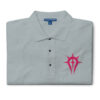 Folded gray Fire Emblem polo with pink Mark of Duma embroidery on the chest