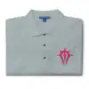 Folded gray Fire Emblem polo with pink Mark of Duma embroidery on the chest
