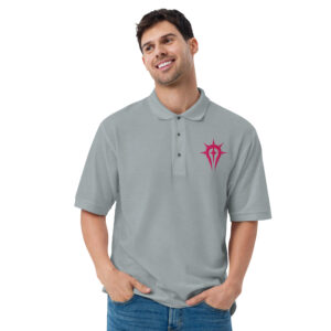 Men's gray embroidered Fire Emblem polo with Mark of Duma design