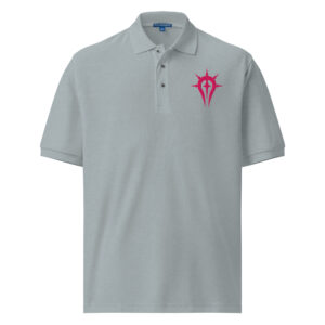 Gray Fire Emblem polo with pink Mark of Duma embroidered on the chest
