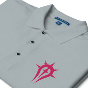 Close-up of gray Fire Emblem polo collar with pink Mark of Duma embroidery