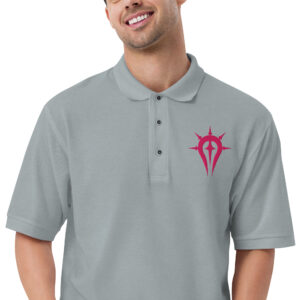 Men's gray Fire Emblem polo featuring the pink Mark of Duma embroidery