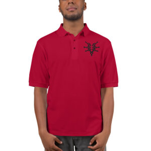 Men's red Fire Emblem polo featuring black Grimleal embroidery