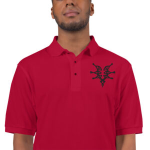Grimleal - Embroidered Polo Red Fire Emblem polo with black Grimleal symbol embroidered on the chest