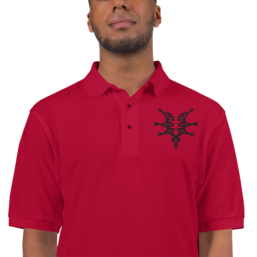 Grimleal - Embroidered Polo Red Fire Emblem polo with black Grimleal symbol embroidered on the chest