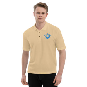 Men's tan embroidered Fire Emblem polo with Brand of the Exalt design