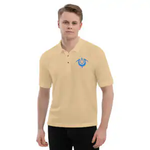 FEH Summon Simulator Men's tan embroidered Fire Emblem polo with Brand of the Exalt design