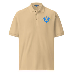 Tan Fire Emblem polo with blue Brand of the Exalt embroidered on the chest
