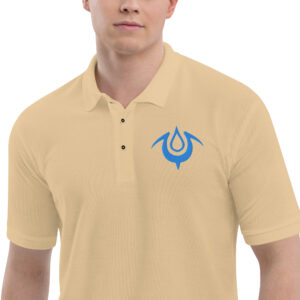 Men's tan Fire Emblem polo featuring blue Brand of the Exalt embroidery