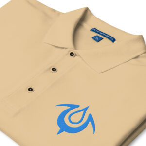 Close-up of tan polo collar with Brand of the Exalt embroidery