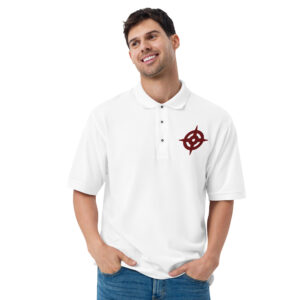 Men's white Fire Emblem polo featuring the red Hoshido embroidery
