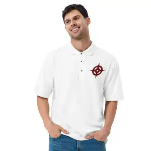 Men's white Fire Emblem polo featuring the red Hoshido embroidery