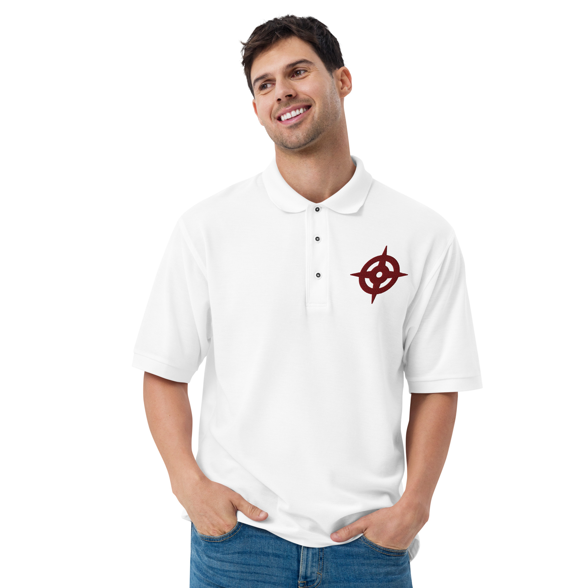 Hoshido - Embroidered Polo Men's white Fire Emblem polo featuring the red Hoshido embroidery