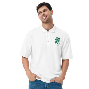 Men's white Fire Emblem polo featuring the green Heron Branded embroidery