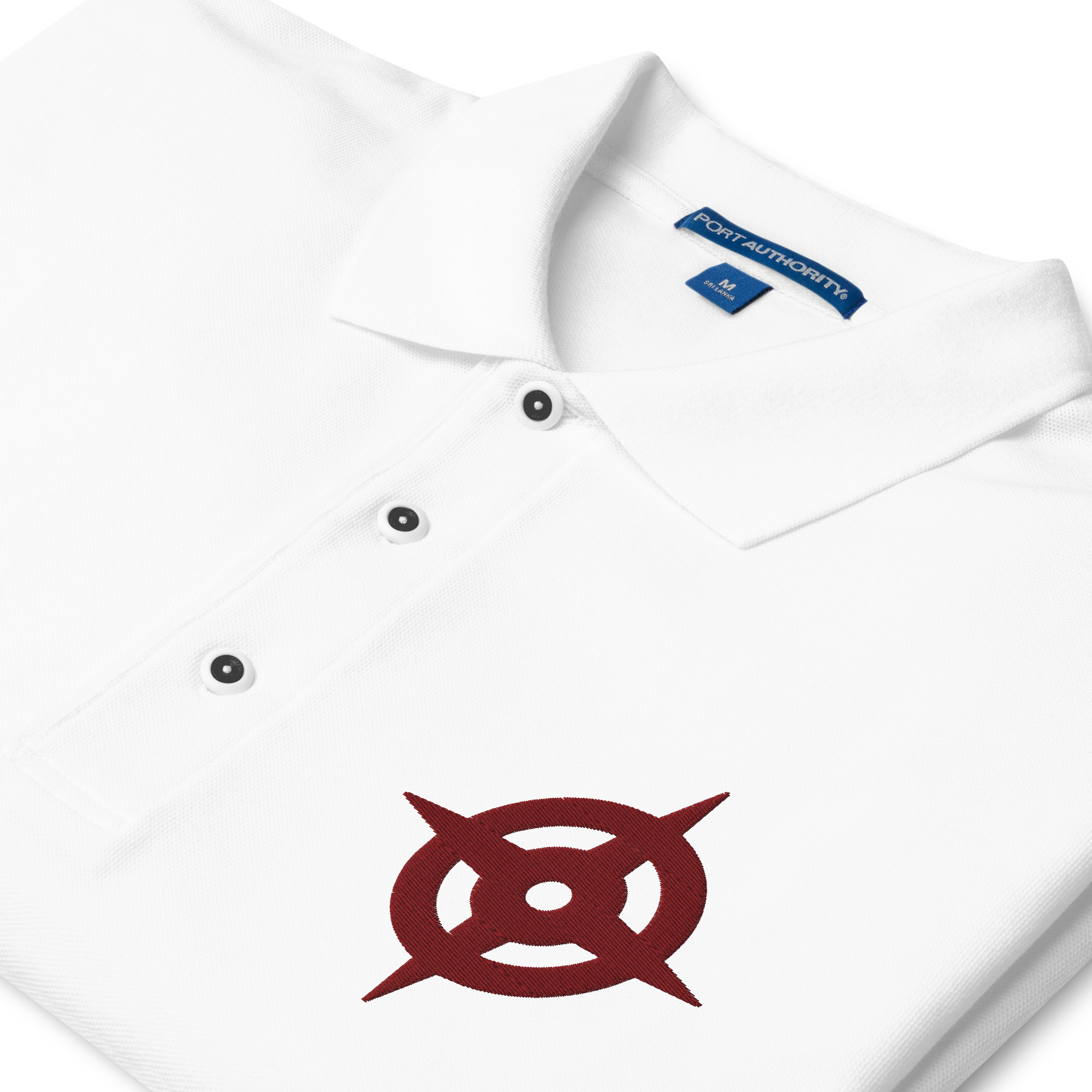 Hoshido - Embroidered Polo Close-up of white polo collar with Hoshido embroidery