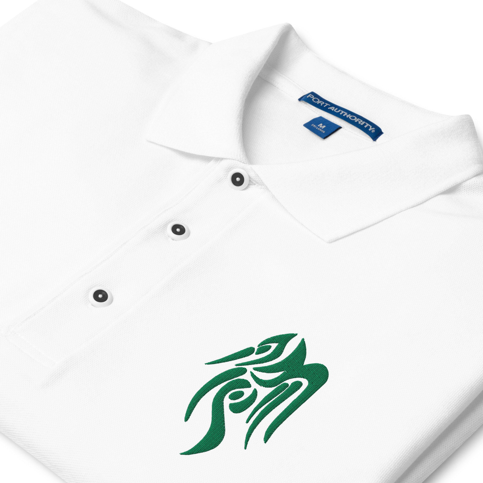 Heron Branded - Embroidered Polo Close-up of white polo collar with Heron Branded embroidery