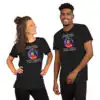 Fire Emblem shirt in black heather with Justice for Leda design shown on two models