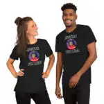 Fire Emblem shirt in black heather with Justice for Leda design shown on two models