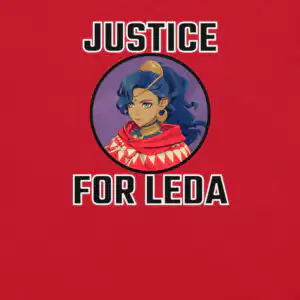 FEH Summon Simulator Fire Emblem shirt Justice for Leda graphic featuring Leda from Fortune’s Weave on a red background
